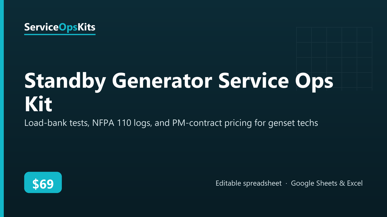 Standby Generator Service Ops Kit spreadsheet template
