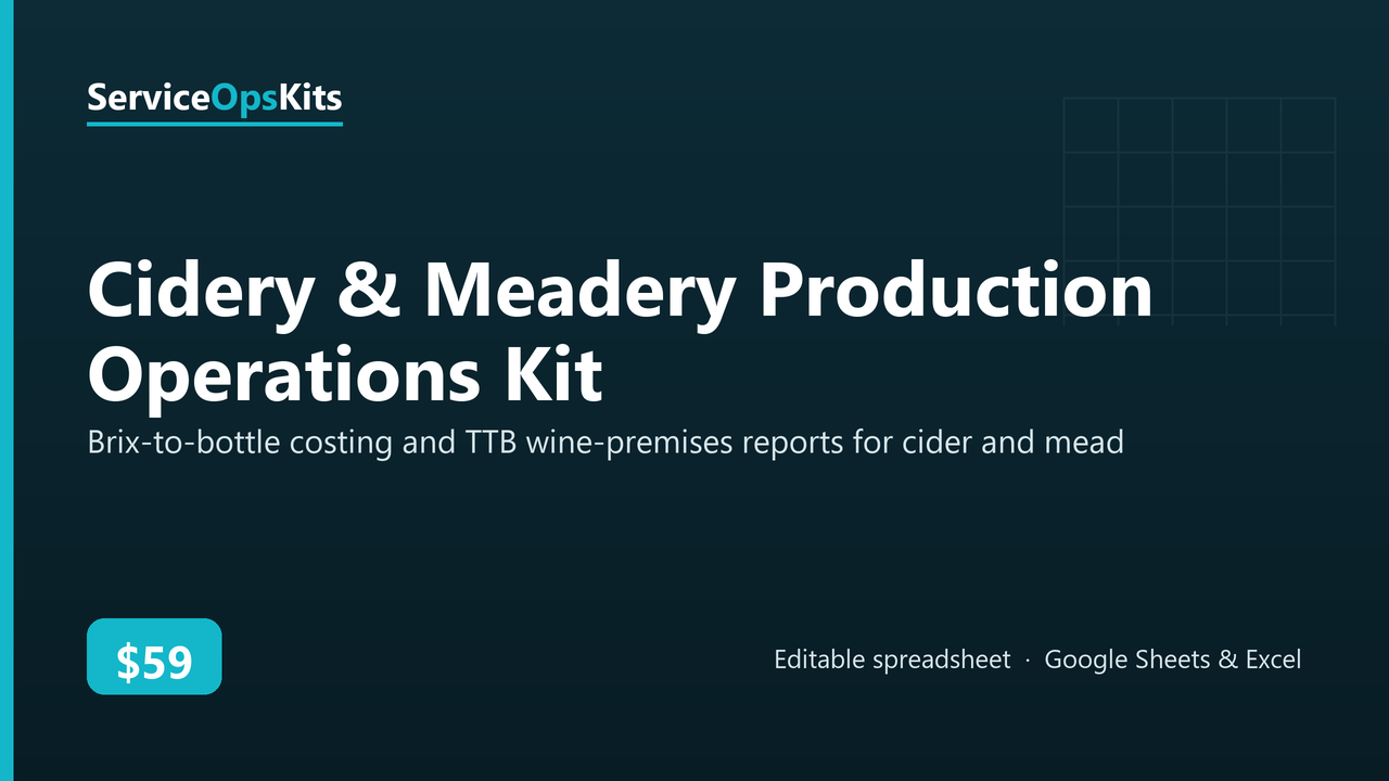 Cidery & Meadery Production Operations Kit spreadsheet template
