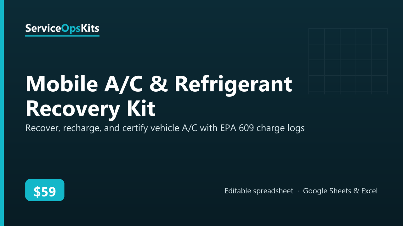 Mobile A/C & Refrigerant Recovery Kit spreadsheet template