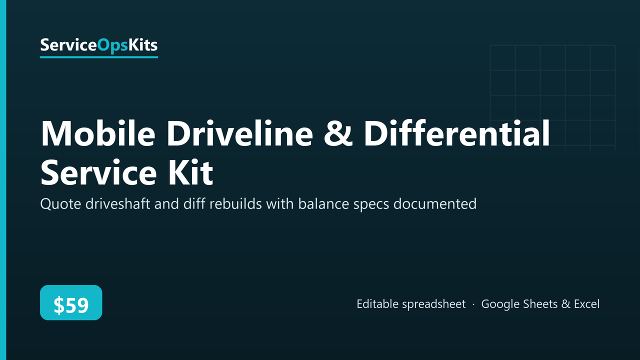 Mobile Driveline & Differential Service Kit spreadsheet template