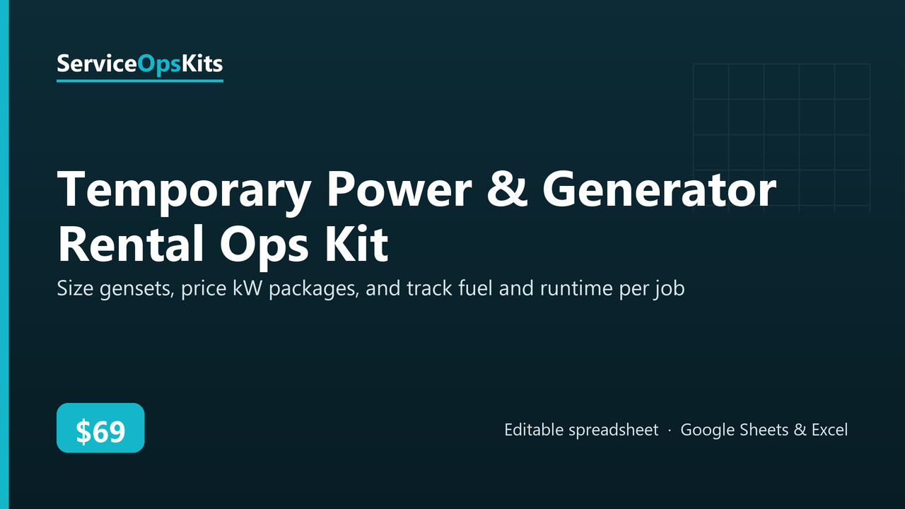 Temporary Power & Generator Rental Ops Kit spreadsheet template